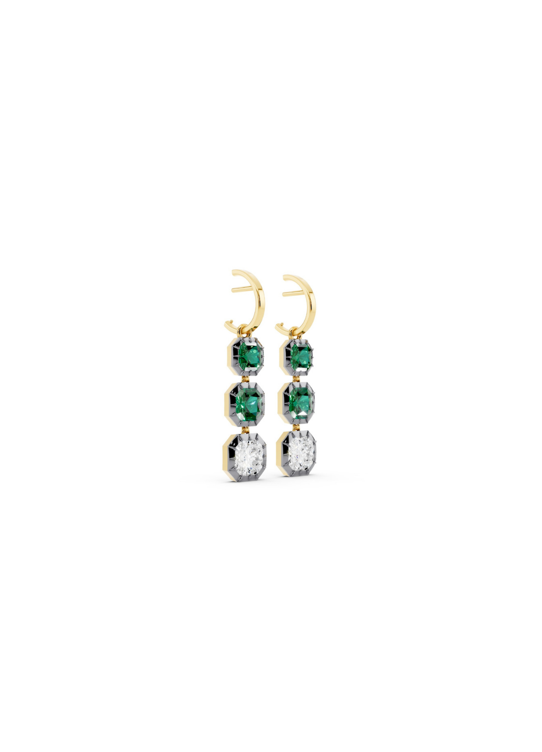 Tri-Stone Emerald & Diamond Drop Earrings