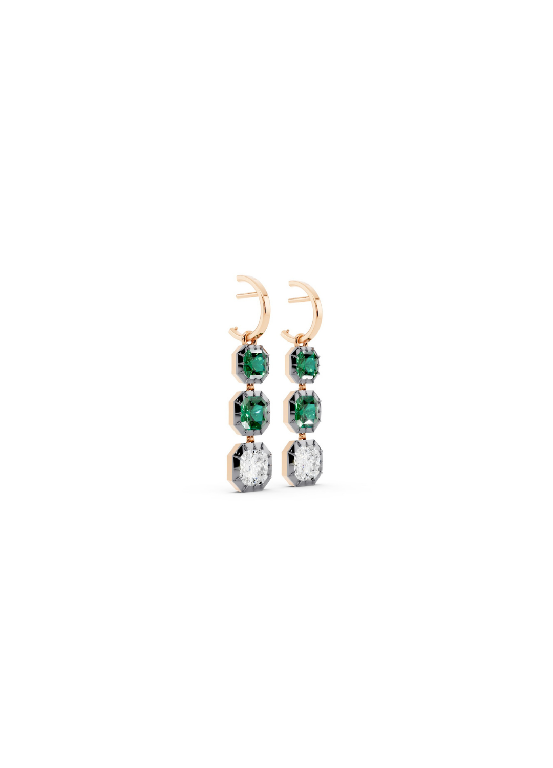 Tri-Stone Emerald & Diamond Drop Earrings