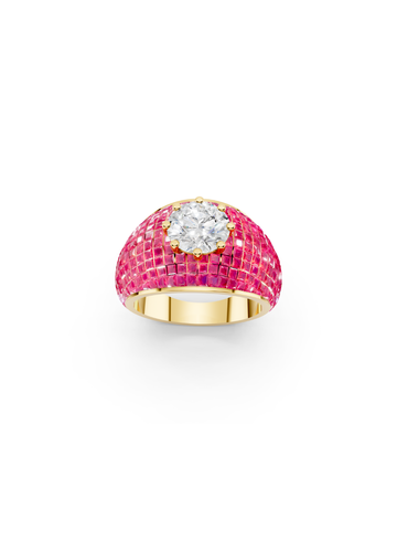 Pink Sapphire Domed Cluster Ring with Central Diamond