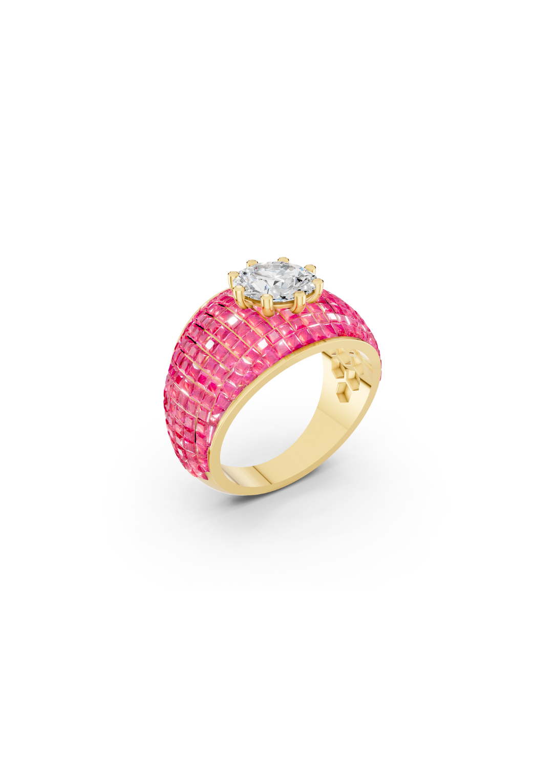 Pink Sapphire Domed Cluster Ring with Central Diamond