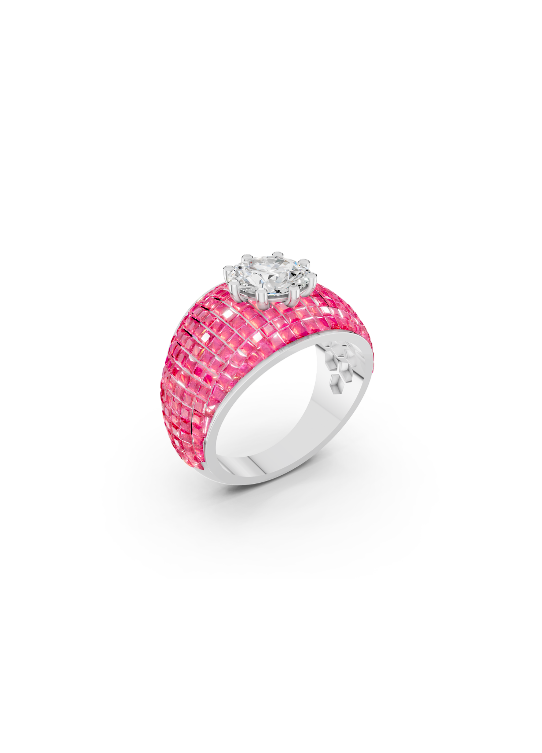 Pink Sapphire Domed Cluster Ring with Central Diamond