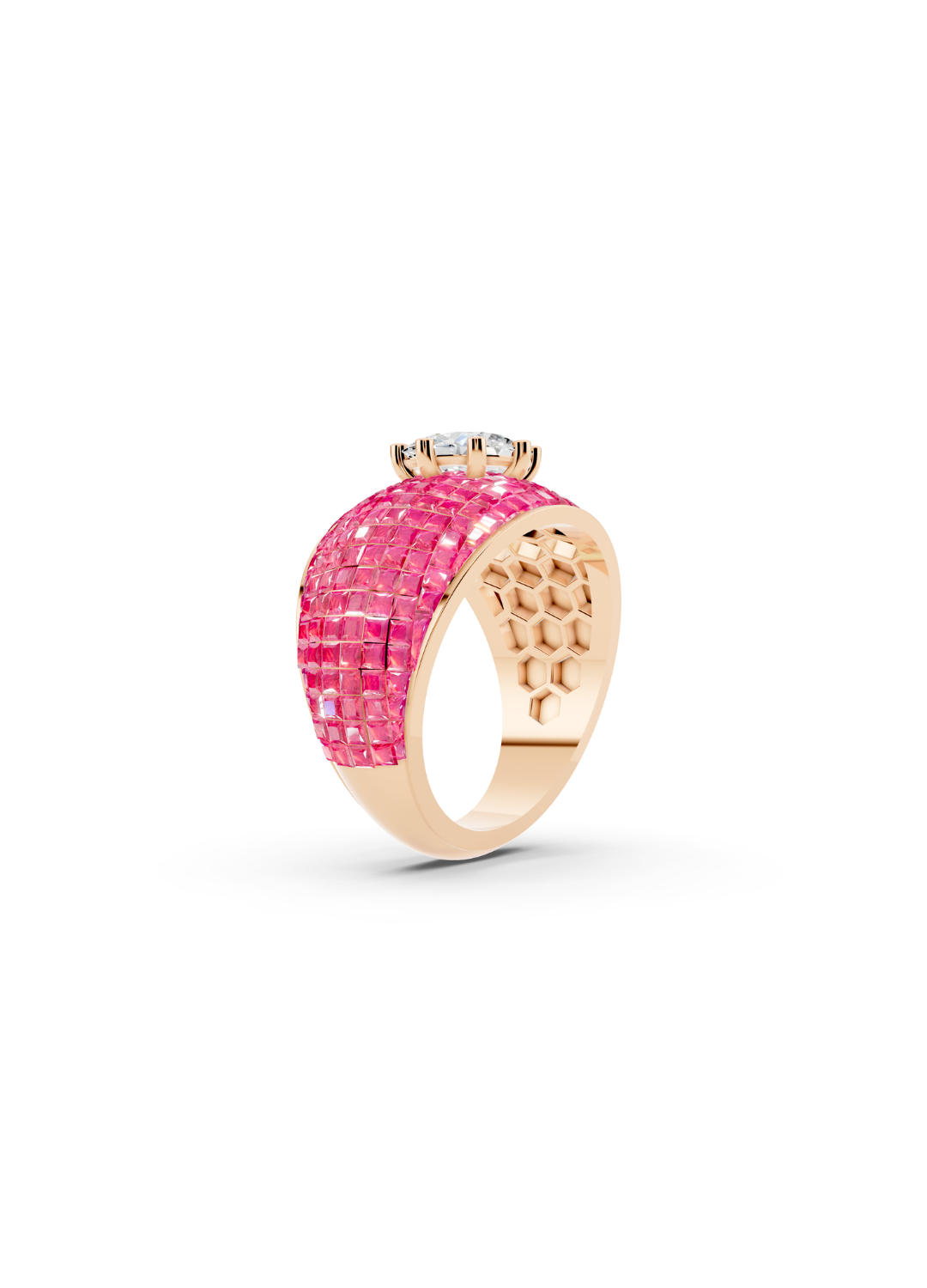 Pink Sapphire Domed Cluster Ring with Central Diamond