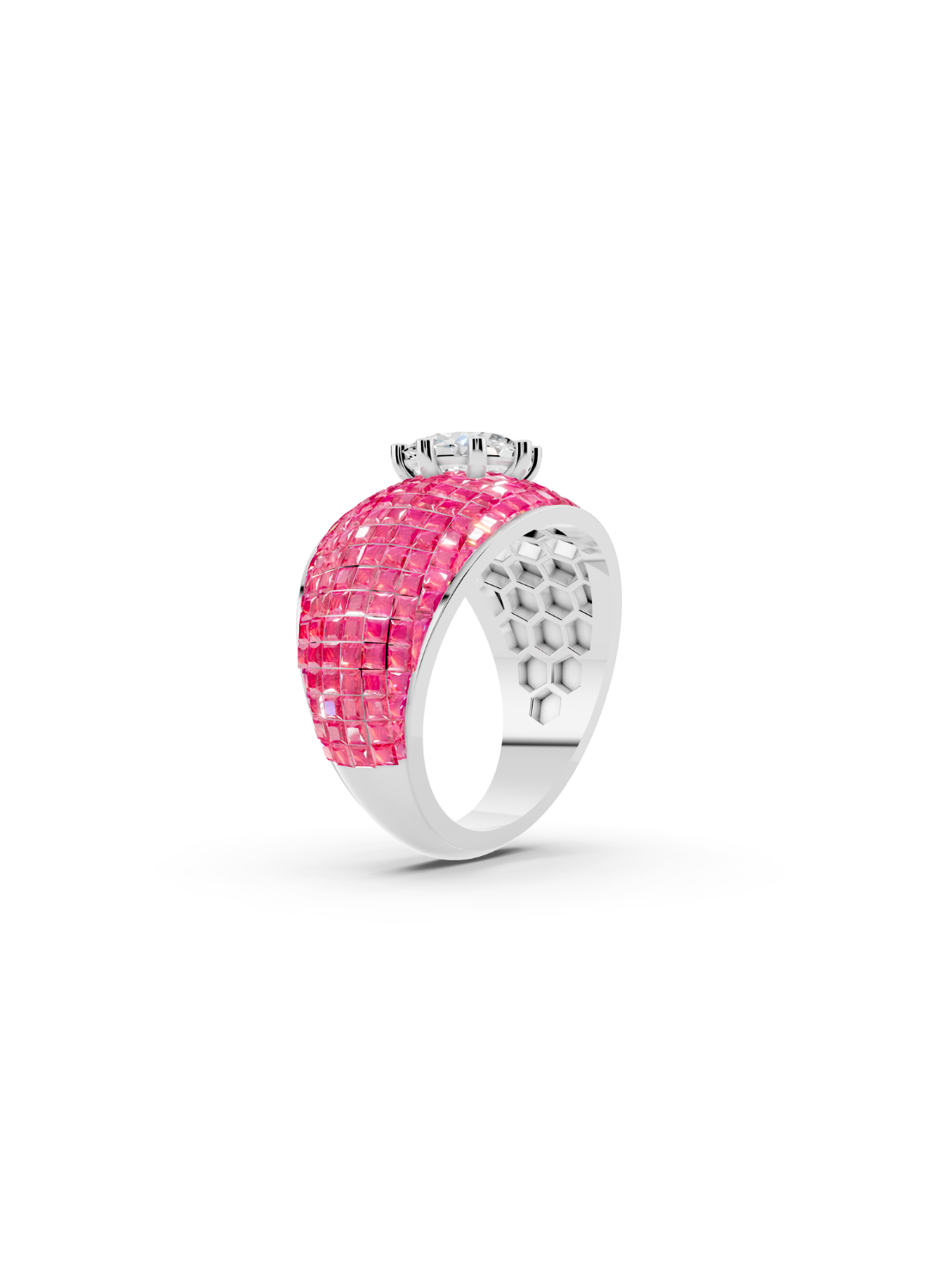 Pink Sapphire Domed Cluster Ring with Central Diamond