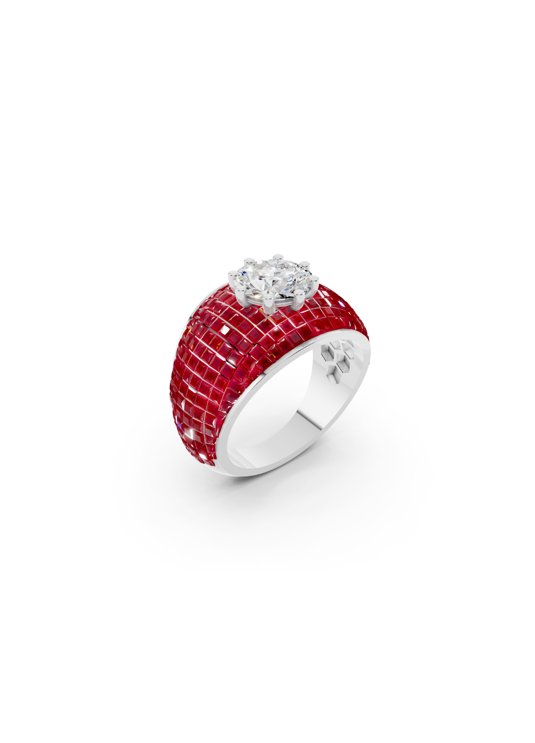 Ruby Domed Cluster Ring with Central Diamond