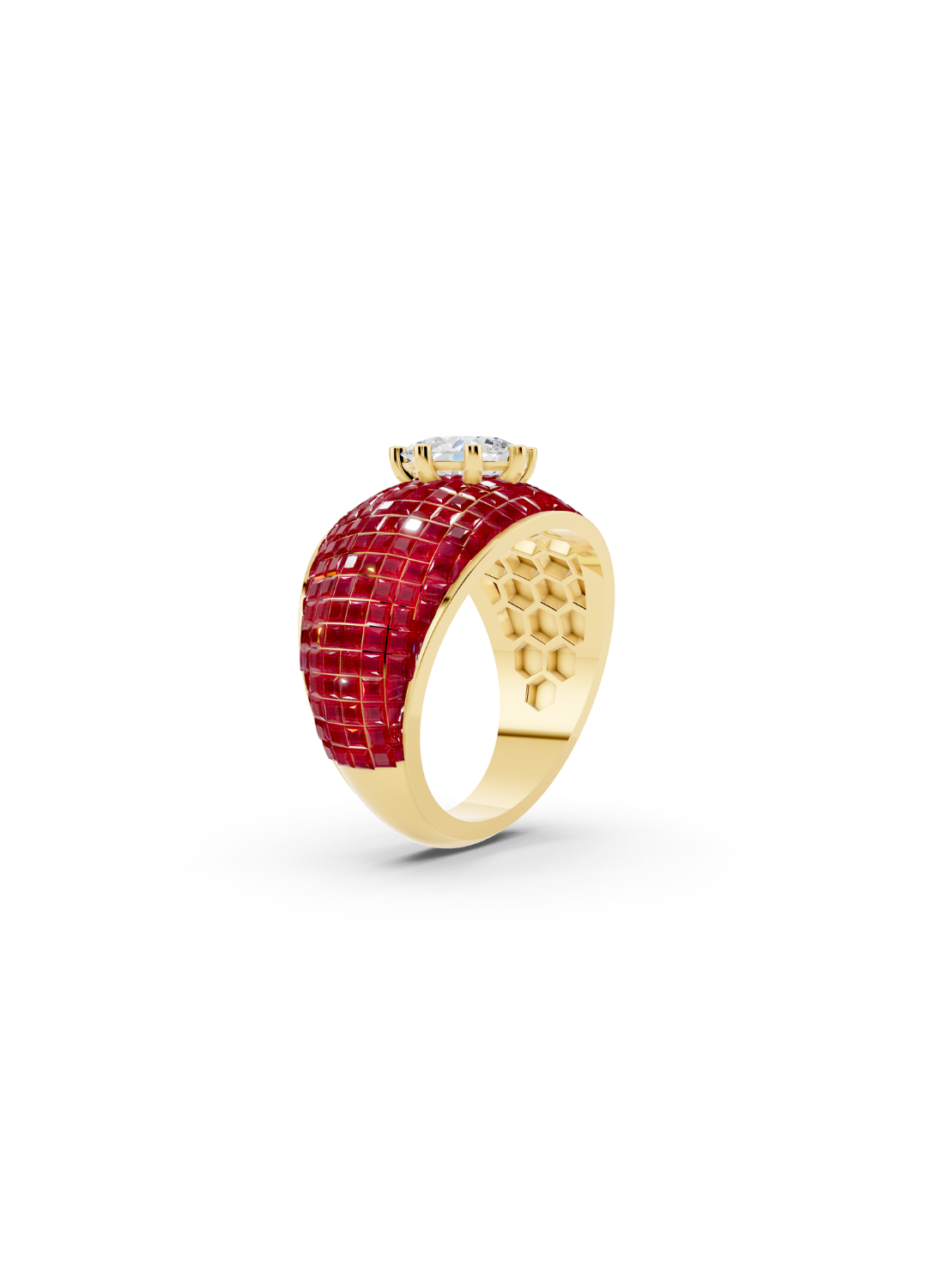 Ruby Domed Cluster Ring with Central Diamond