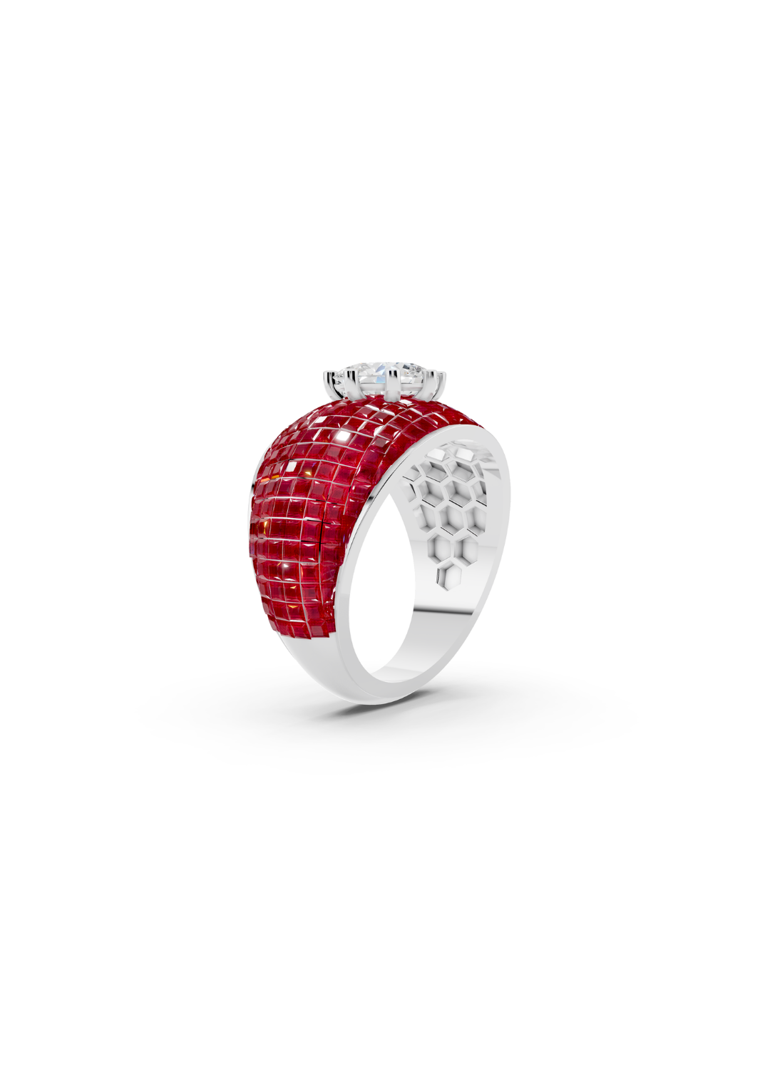 Ruby Domed Cluster Ring with Central Diamond