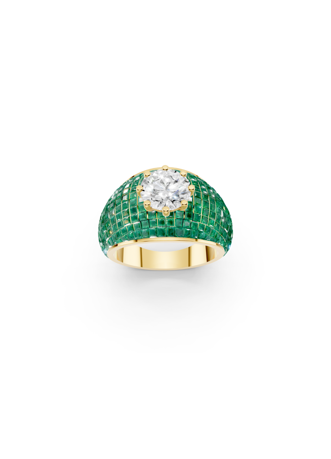 Emerald Domed Cluster Ring with Central Diamond