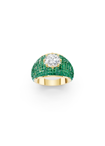 Emerald Domed Cluster Ring with Central Diamond