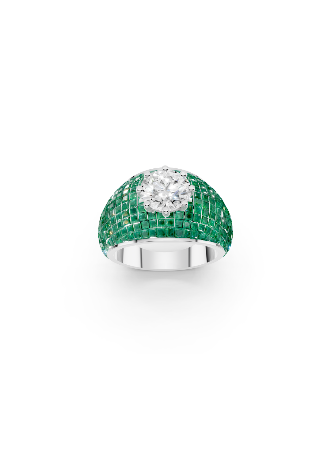 Emerald Domed Cluster Ring with Central Diamond