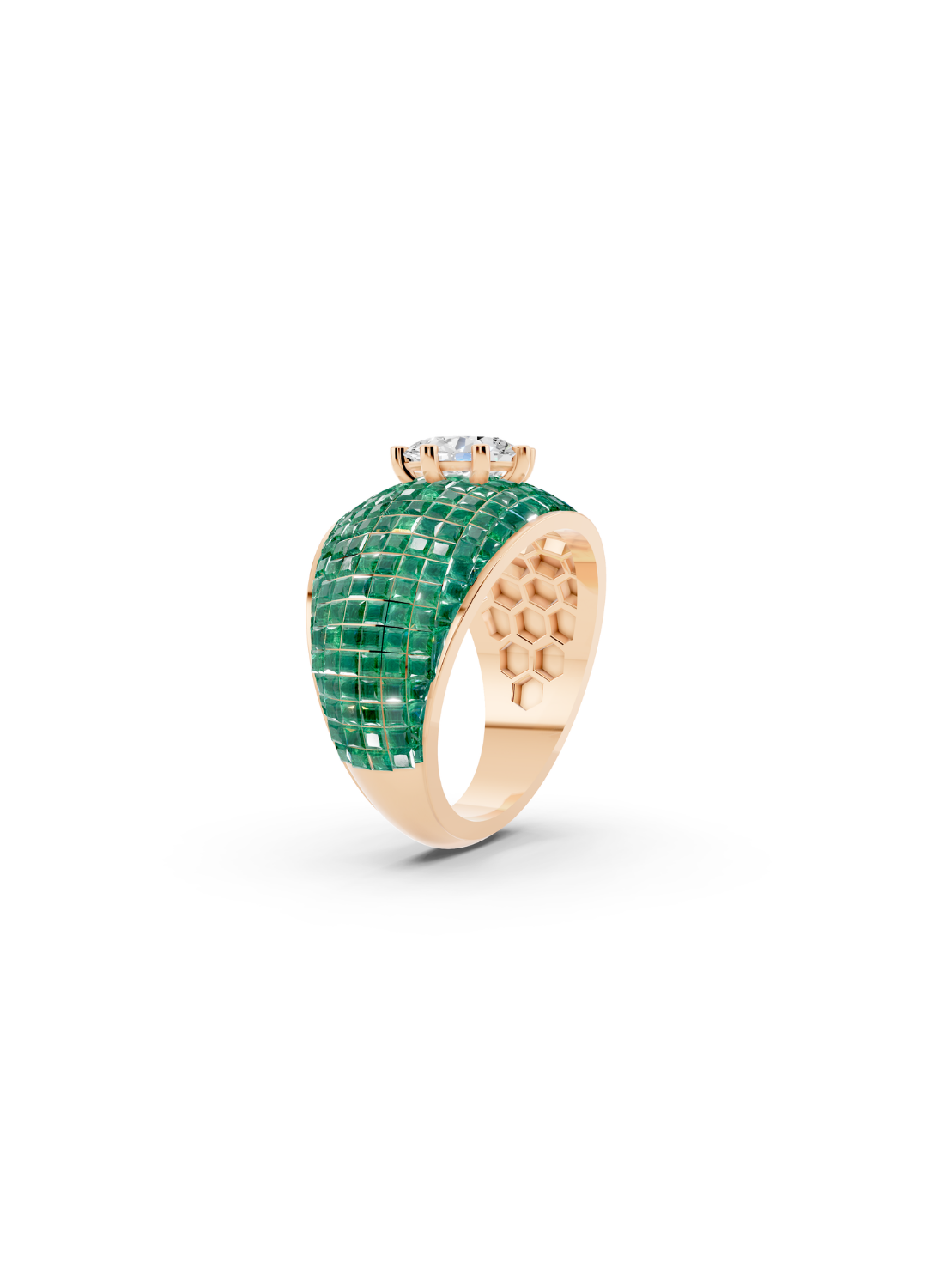 Emerald Domed Cluster Ring with Central Diamond