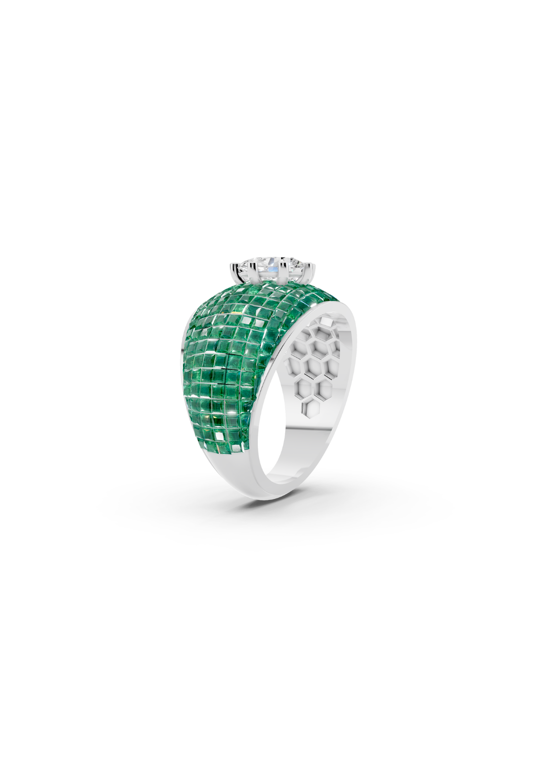 Emerald Domed Cluster Ring with Central Diamond