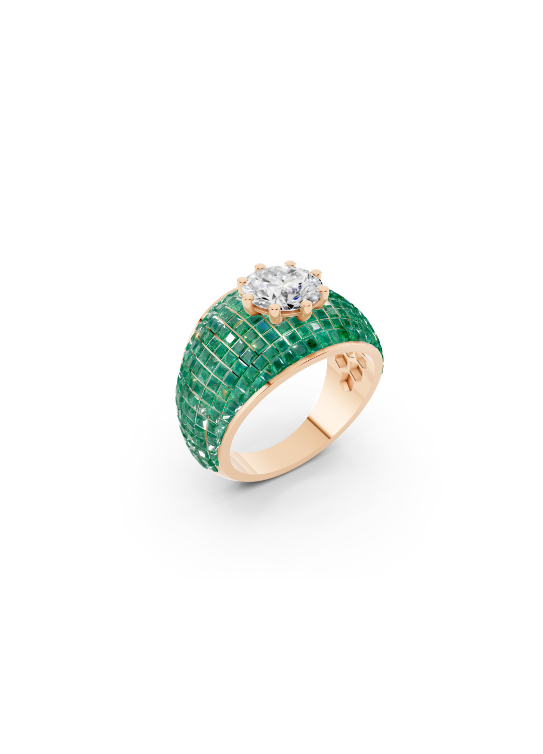 Emerald Domed Cluster Ring with Central Diamond