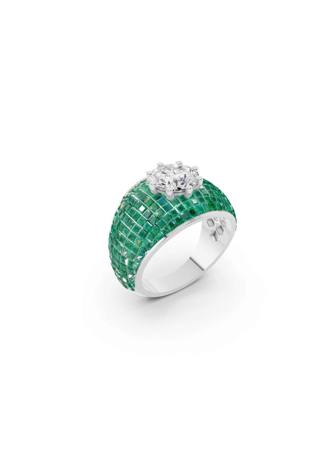 Emerald Domed Cluster Ring with Central Diamond