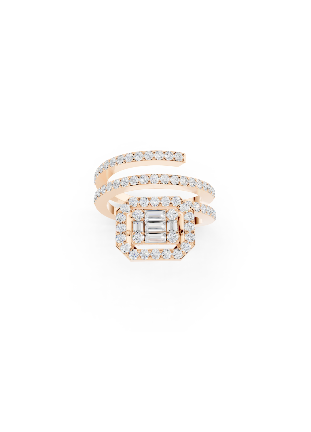 Emerald-Cut Diamond Halo Spiral Ring
