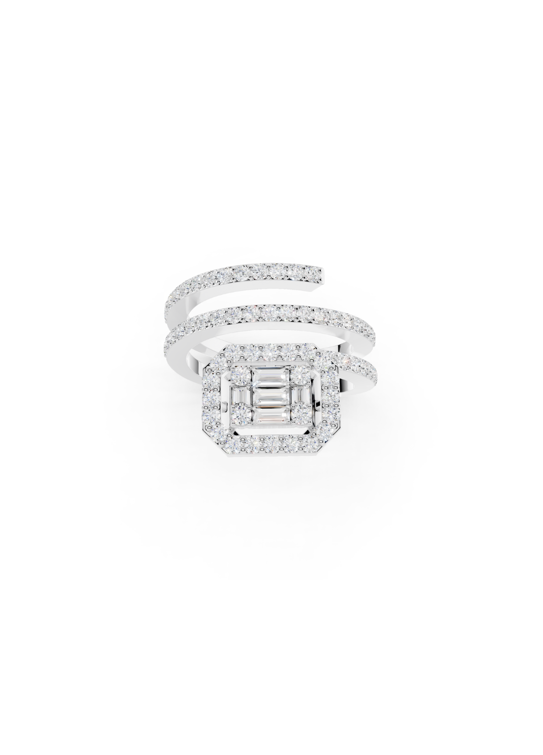 Emerald-Cut Diamond Halo Spiral Ring