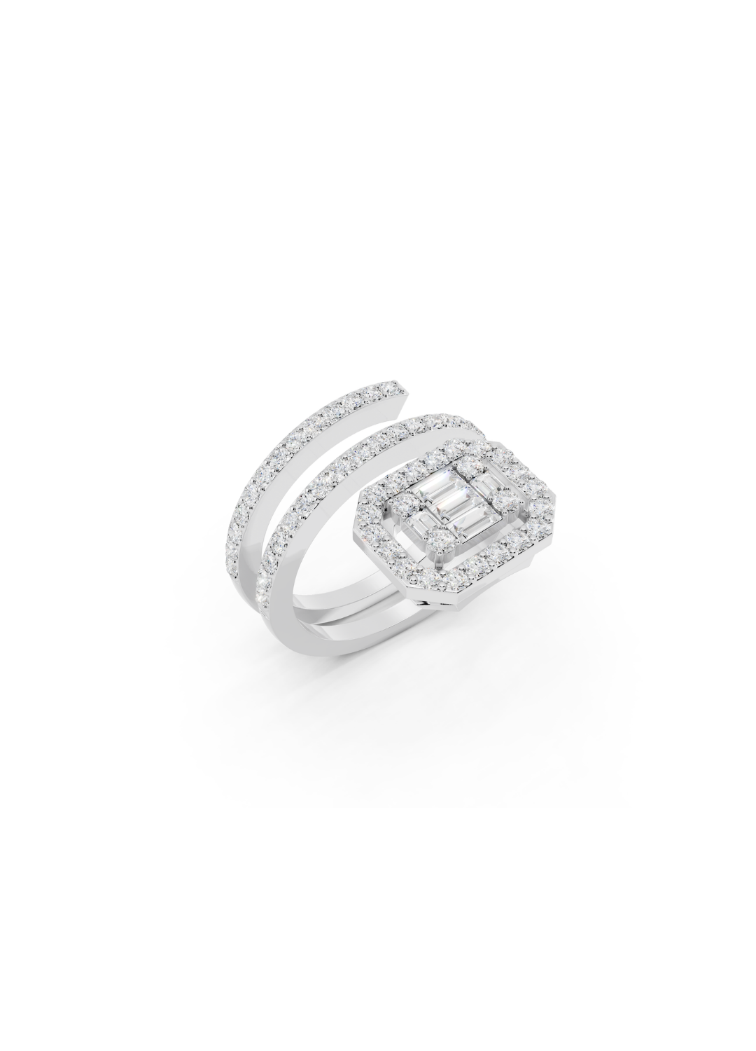 Emerald-Cut Diamond Halo Spiral Ring