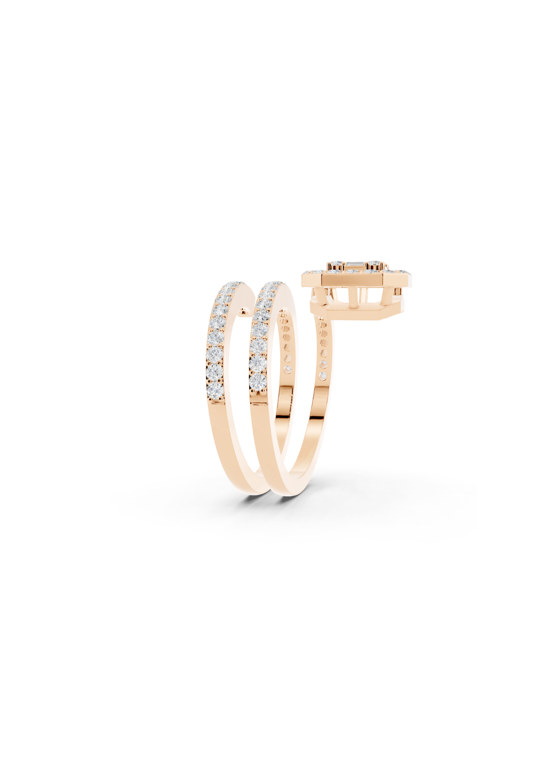 Emerald-Cut Diamond Halo Spiral Ring