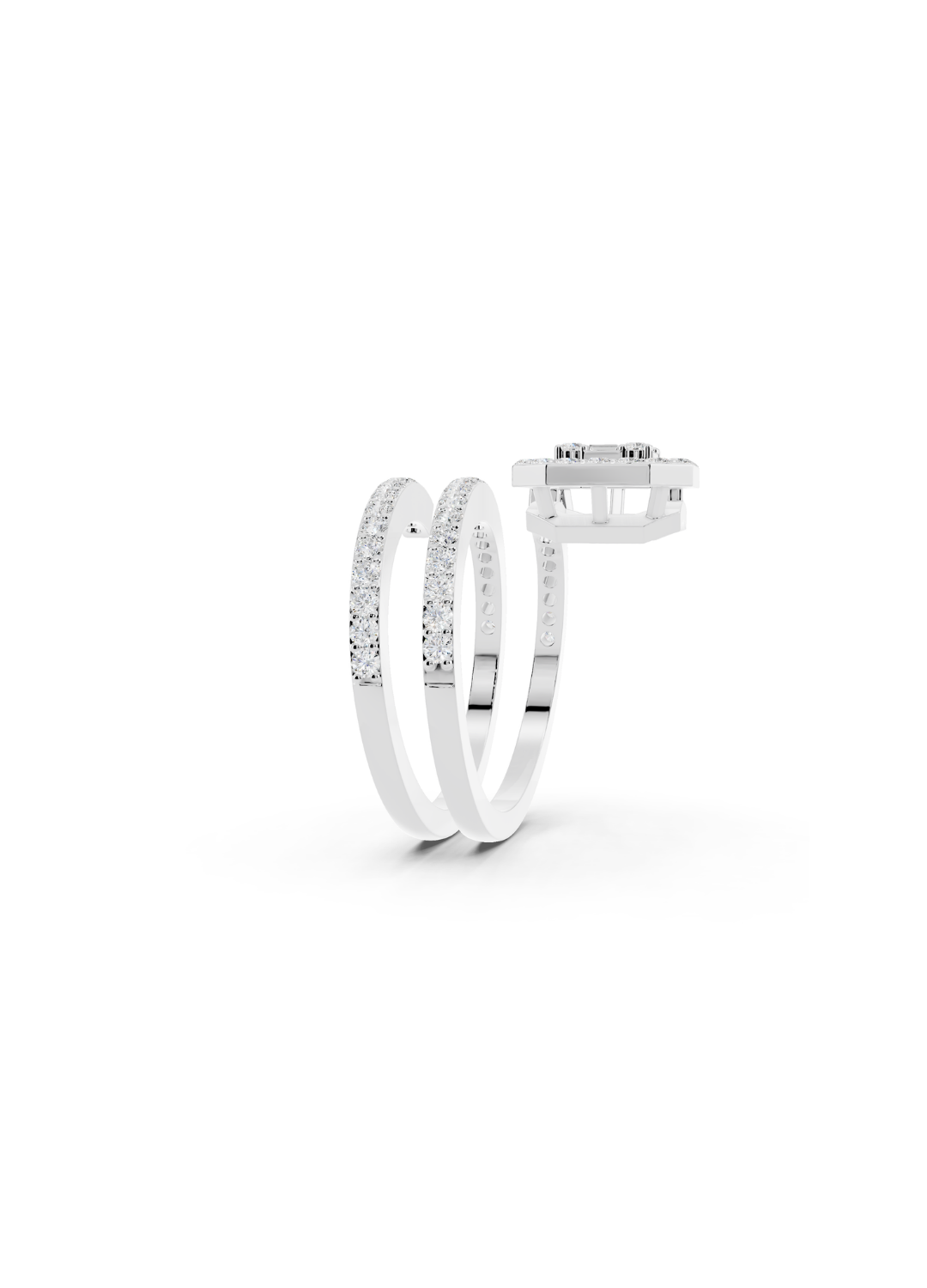 Emerald-Cut Diamond Halo Spiral Ring