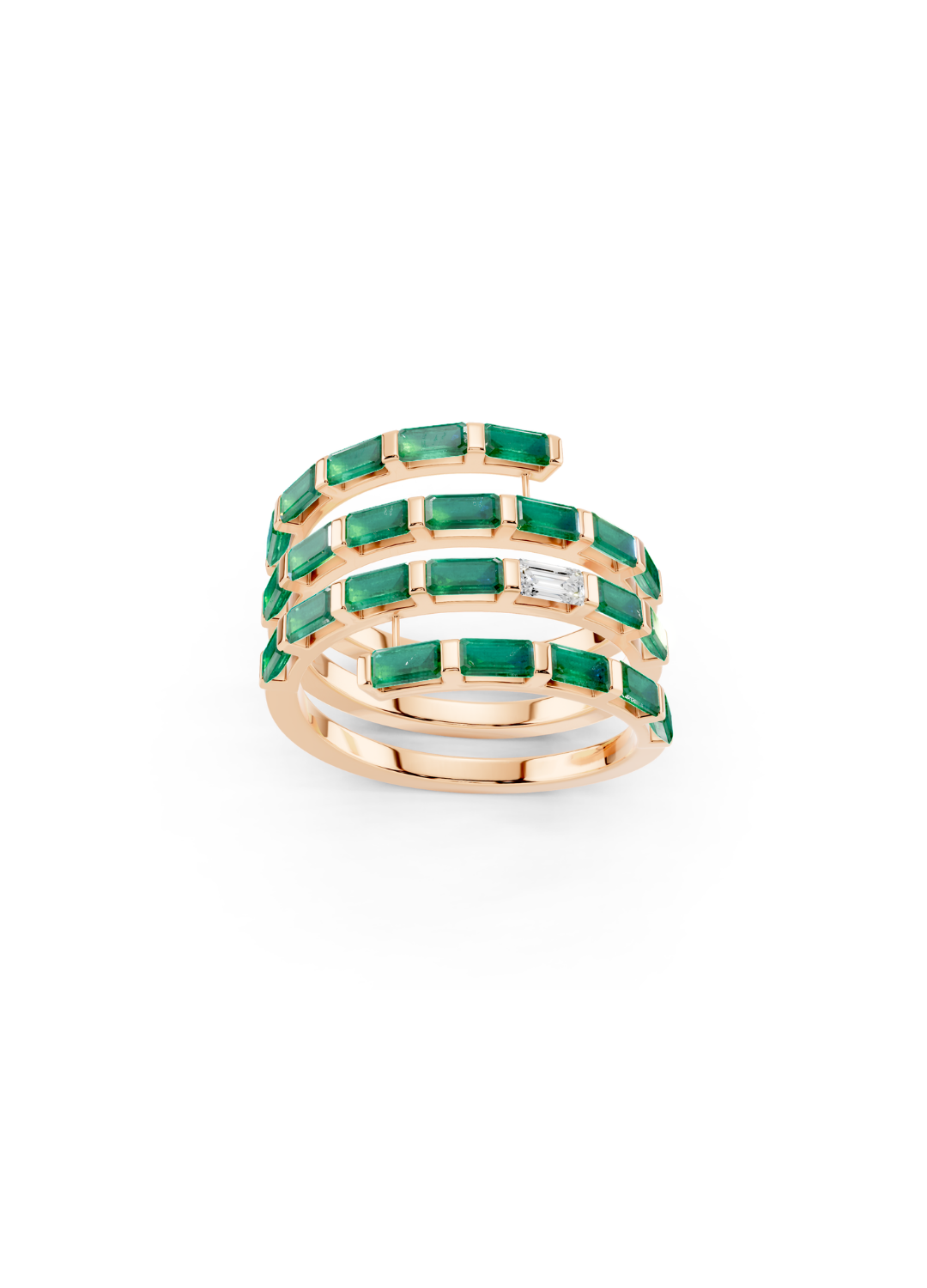 Emerald and Diamond Spiral Band Ring