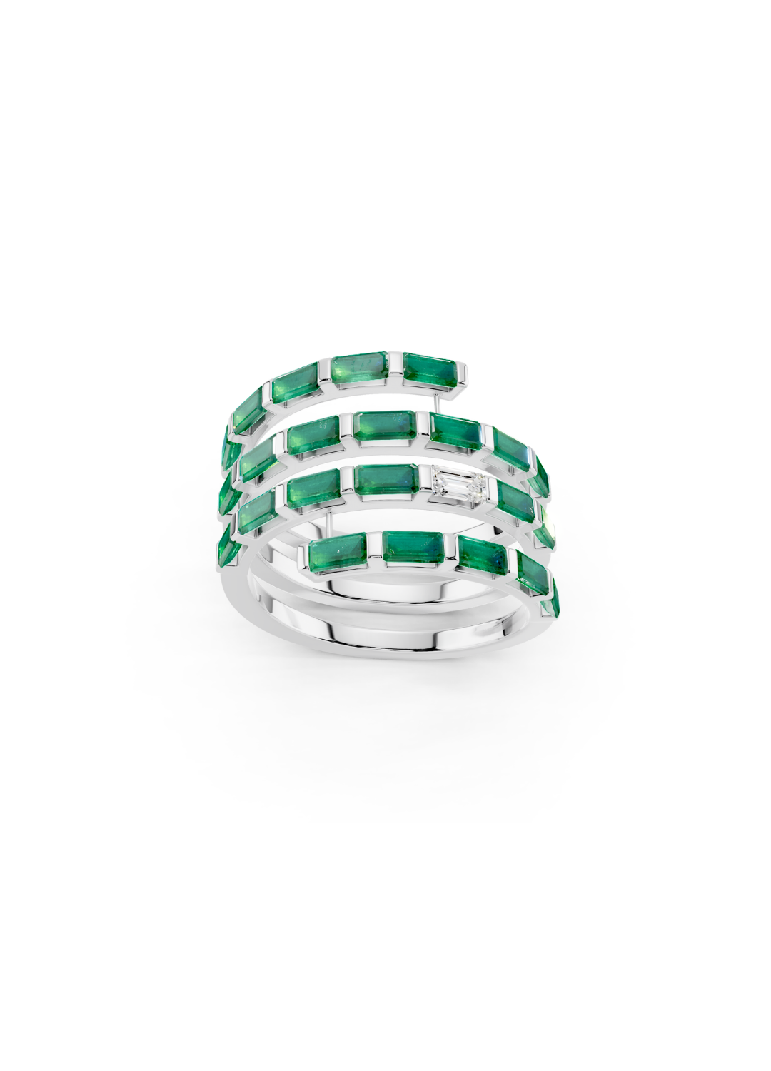 Emerald and Diamond Spiral Band Ring