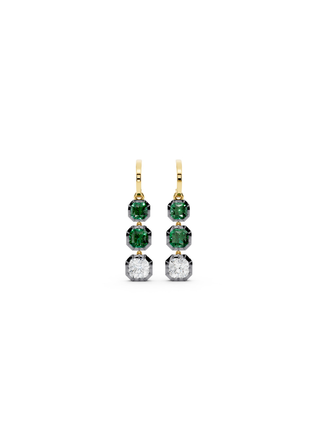 Tri-Stone Emerald & Diamond Drop Earrings