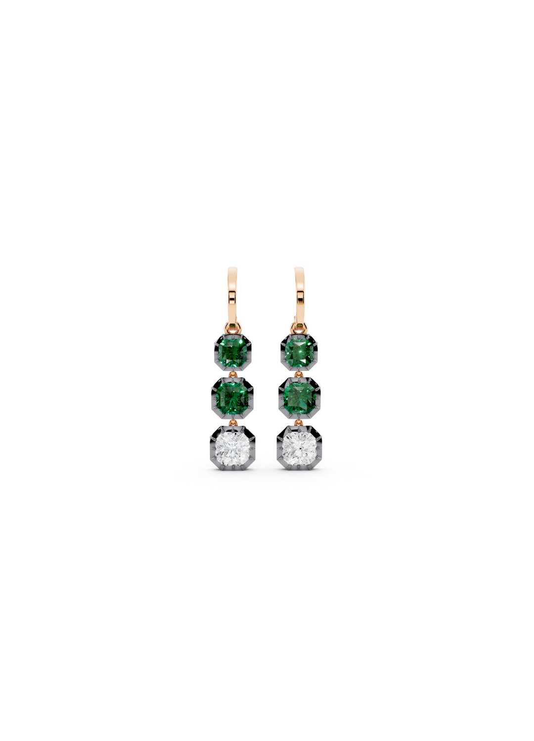 Tri-Stone Emerald & Diamond Drop Earrings