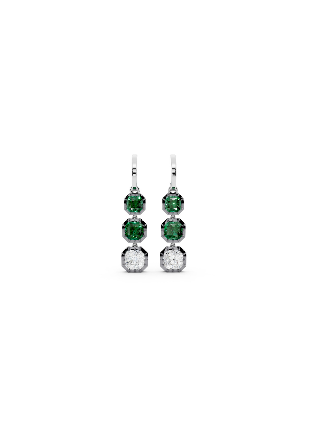 Tri-Stone Emerald & Diamond Drop Earrings