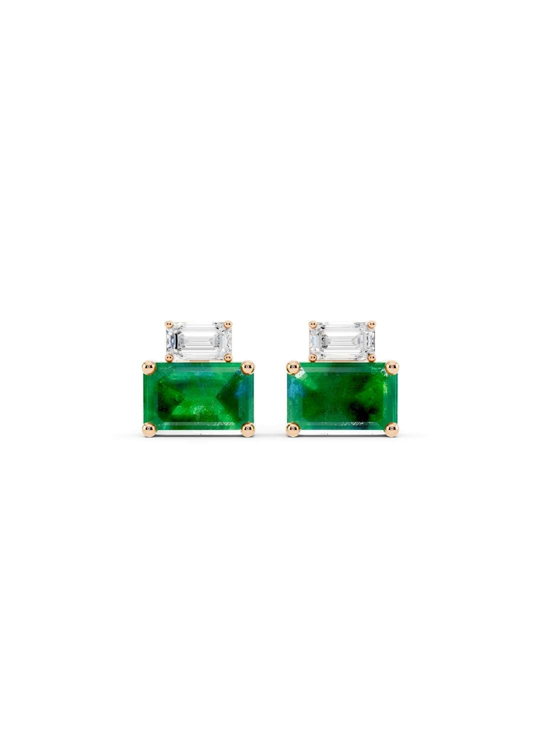 Emerald Cut Diamond and Emerald Stud Earrings Image 4