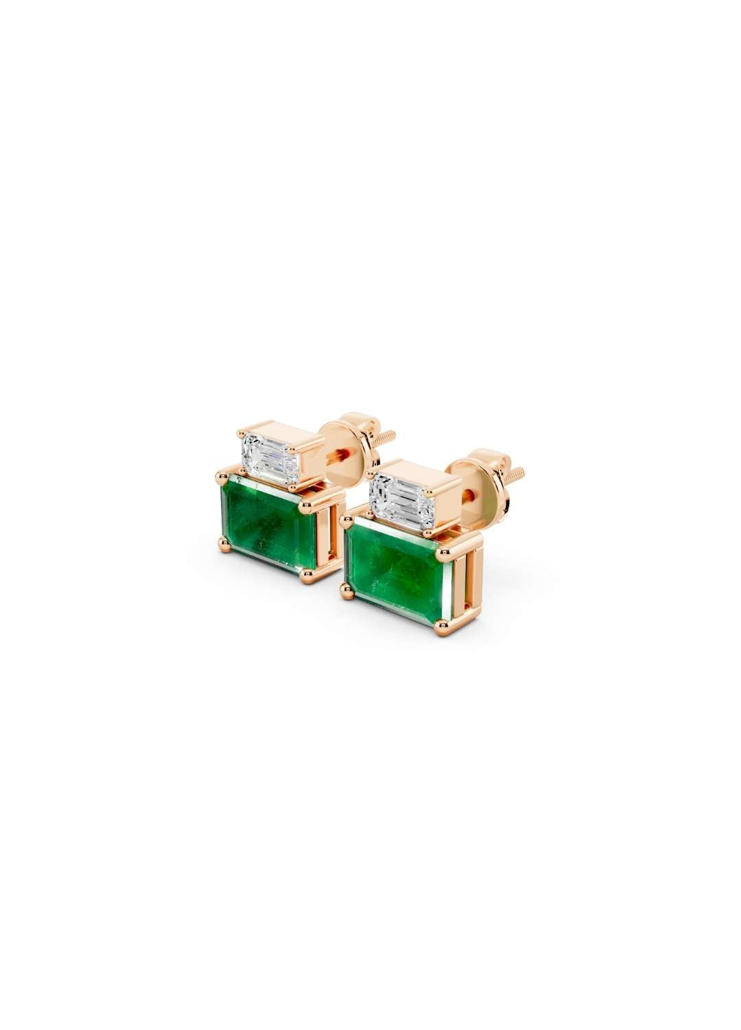 Emerald Cut Diamond and Emerald Stud Earrings Image 5