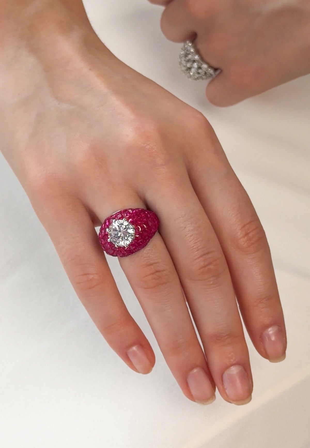 Ruby Domed Cluster Ring with Central Diamond