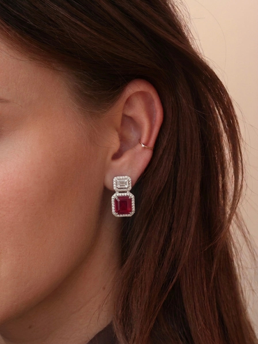 Ruby & Emerald Cut Diamond Halo Earrings
