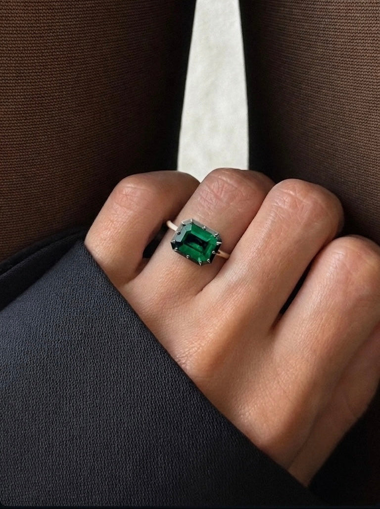 East-West Emerald Cut Emerald Ring