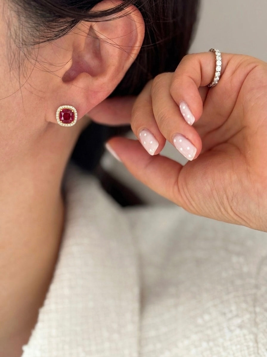 Ruby & Diamond Halo Studs