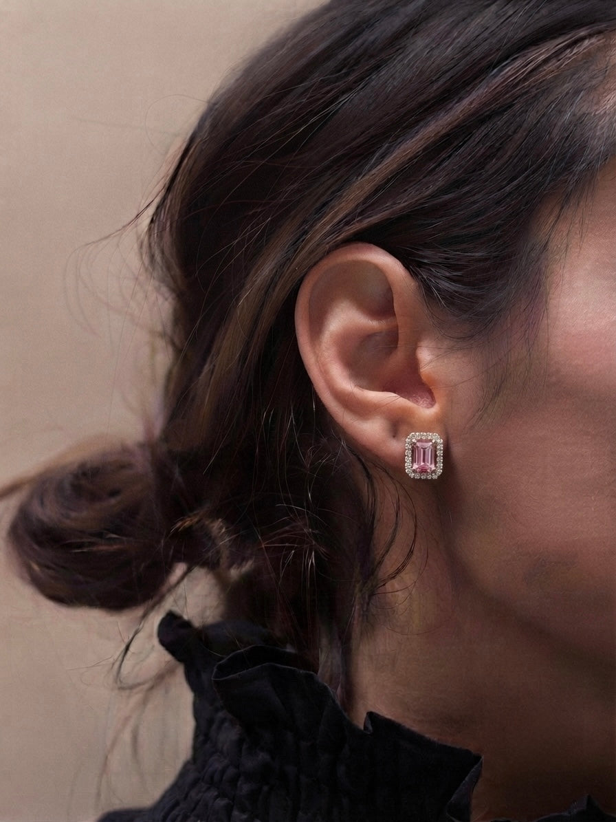Pink Sapphire & Diamond Halo Studs