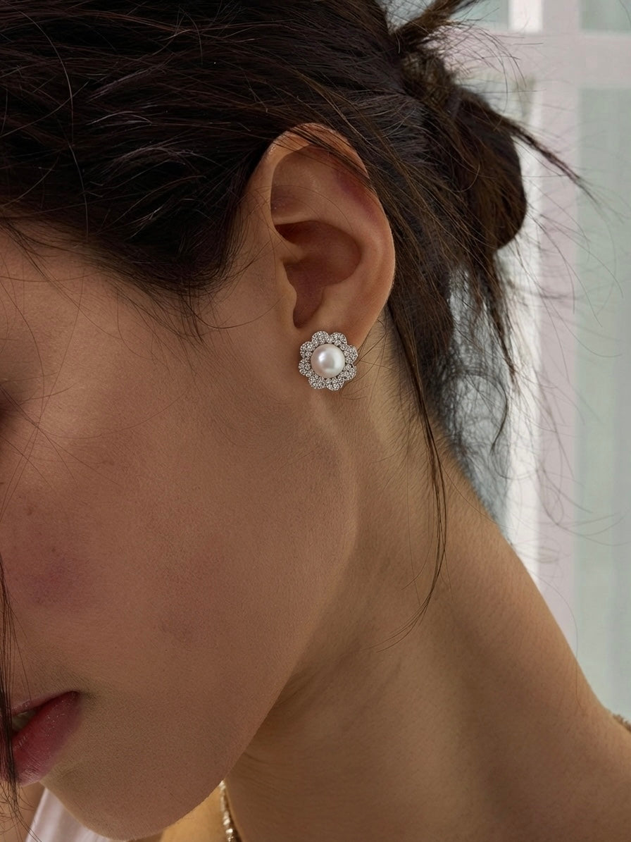 Diamond Pearl Floral Stud Earrings