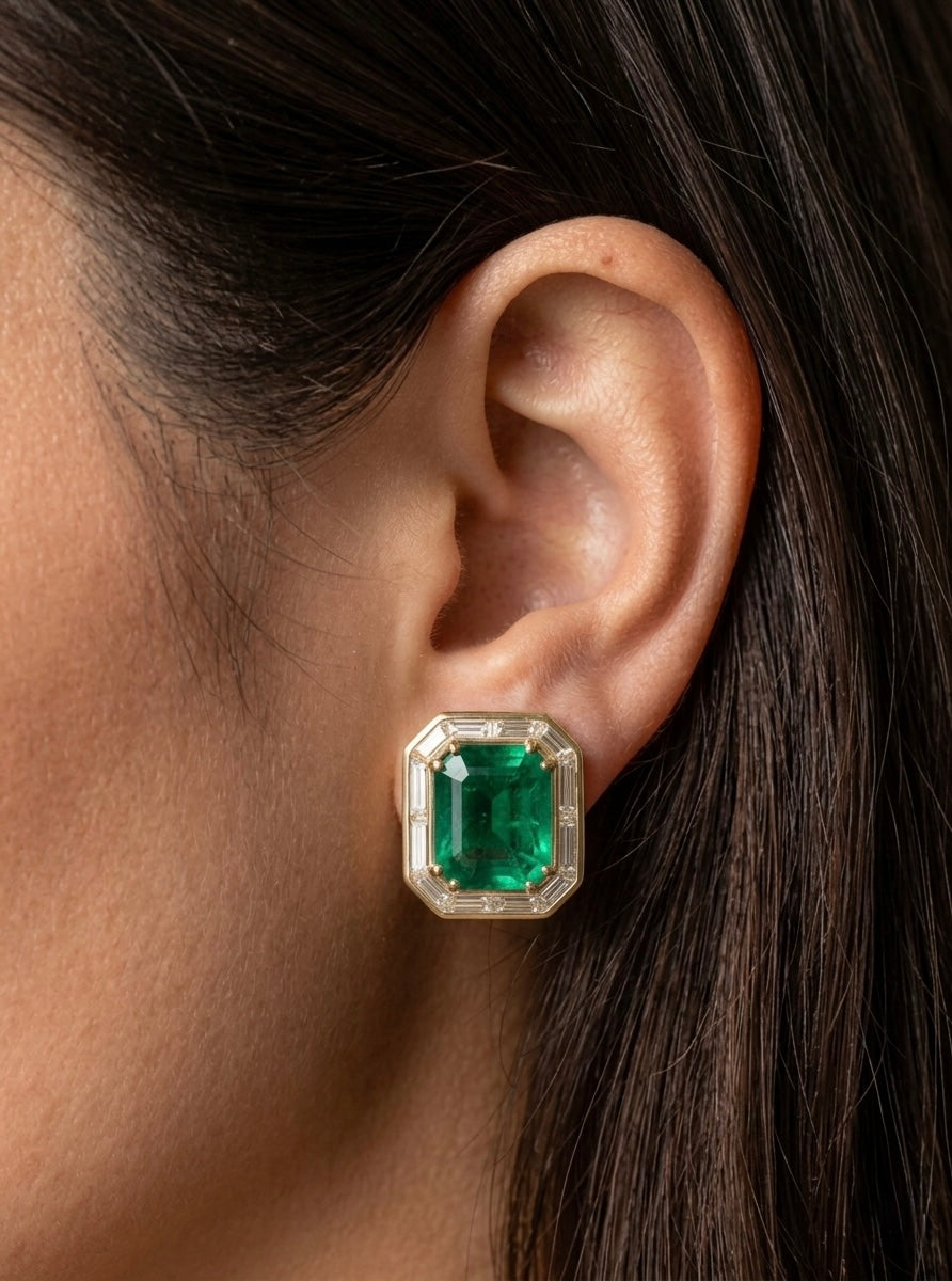 Emerald & Baguette Halo Stud Earrings
