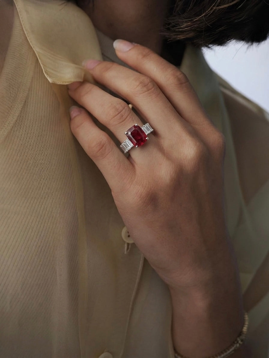 Ruby & Emerald Cut Diamond Band Ring
