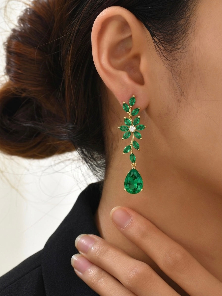 Emerald & Diamond Floral Drop Earrings  Image 1