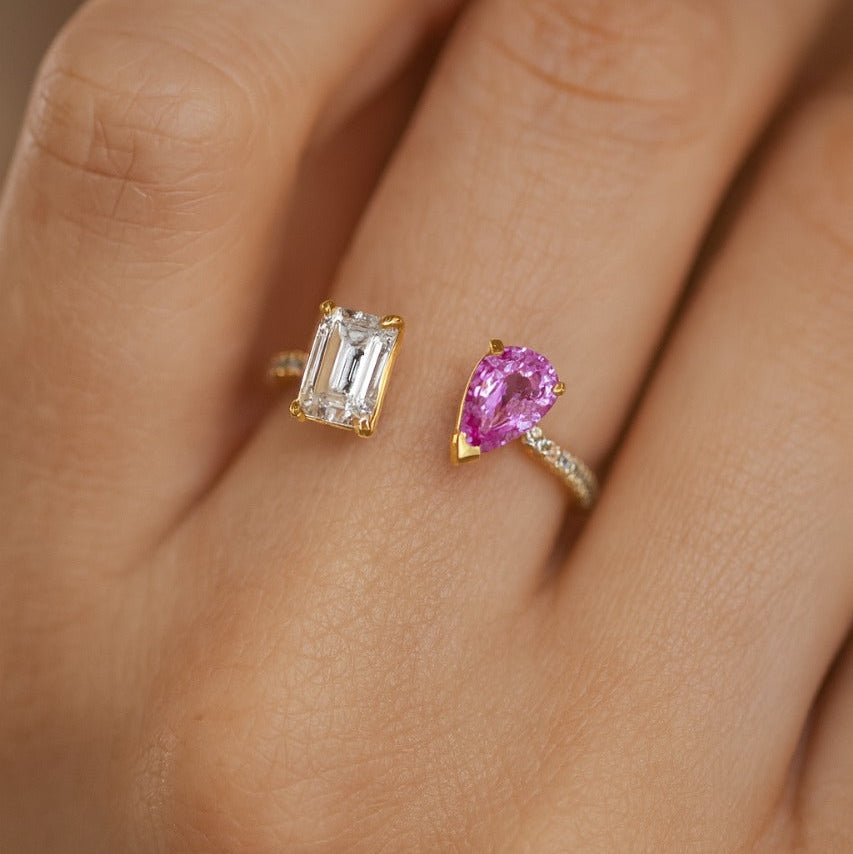 Emerald-Cut Diamond & Pink Sapphire Toi-et-Moi Ring