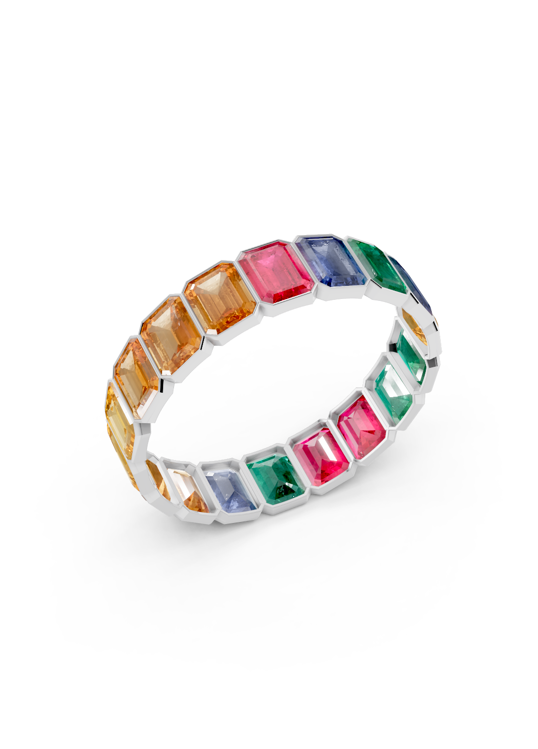Rainbow Emerald-Cut Sapphire Eternity Ring
