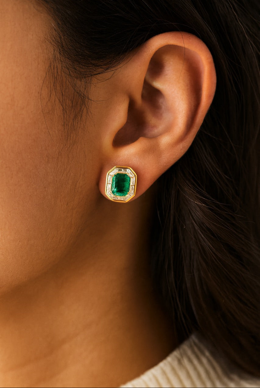 Emerald & Baguette Halo Stud Earrings