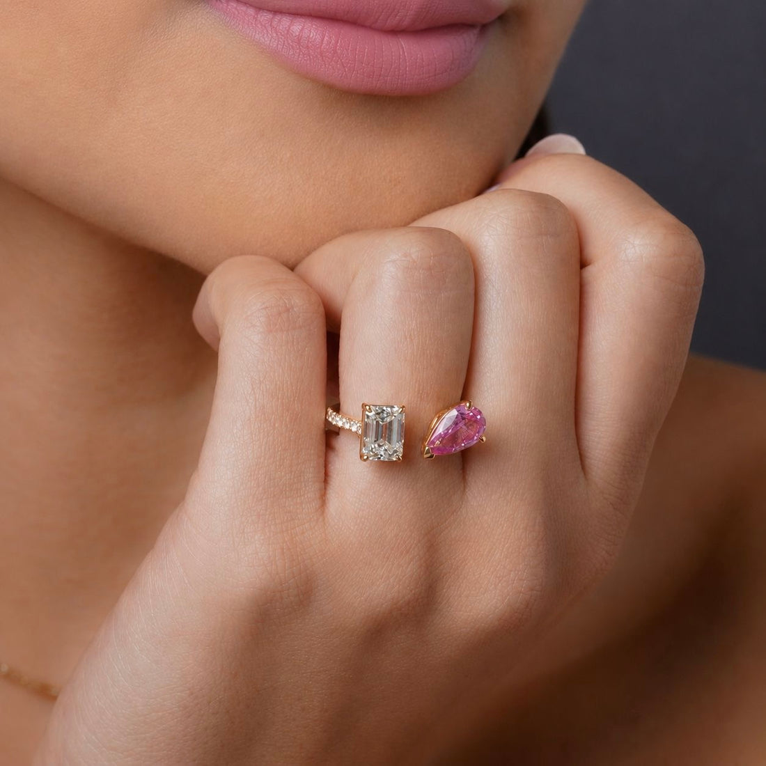 Emerald-Cut Diamond & Pink Sapphire Toi-et-Moi Ring Image 1