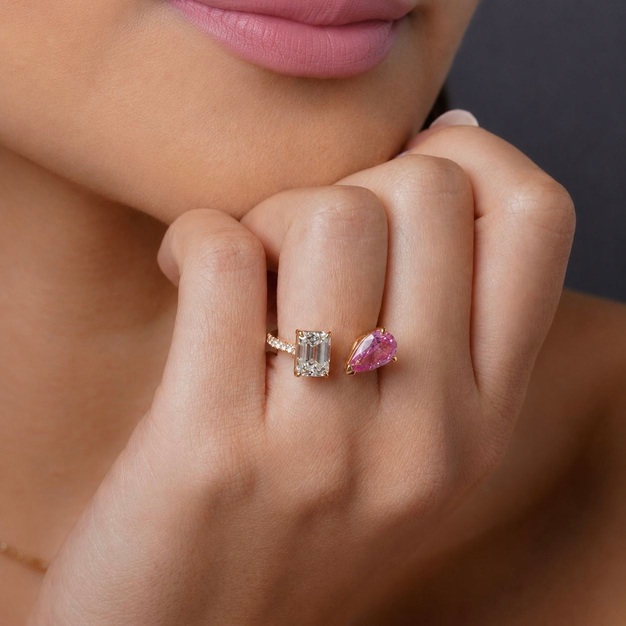 Emerald-Cut Diamond & Pink Sapphire Toi-et-Moi Ring