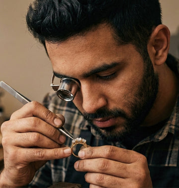 Man inspecting a diamond ring with a magnifying glass