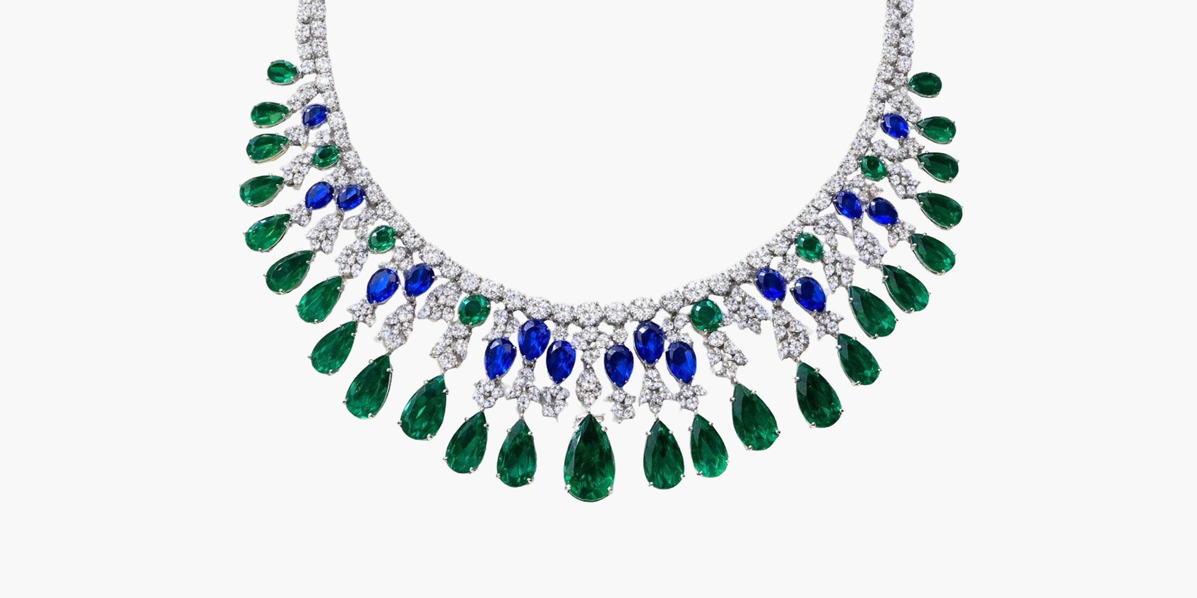 Necklace with green and blue teardrop-shaped gemstones 