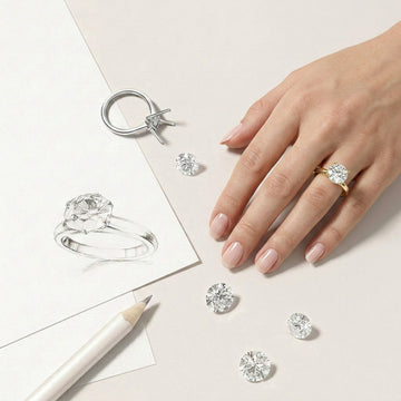 Diamond jewelry including rings and earrings on a light surface with a hand wearing a ring.