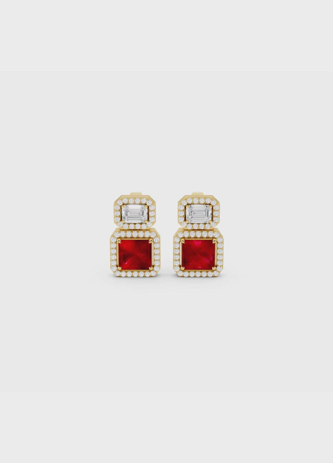 Ruby & Emerald Cut Diamond Halo Earrings
