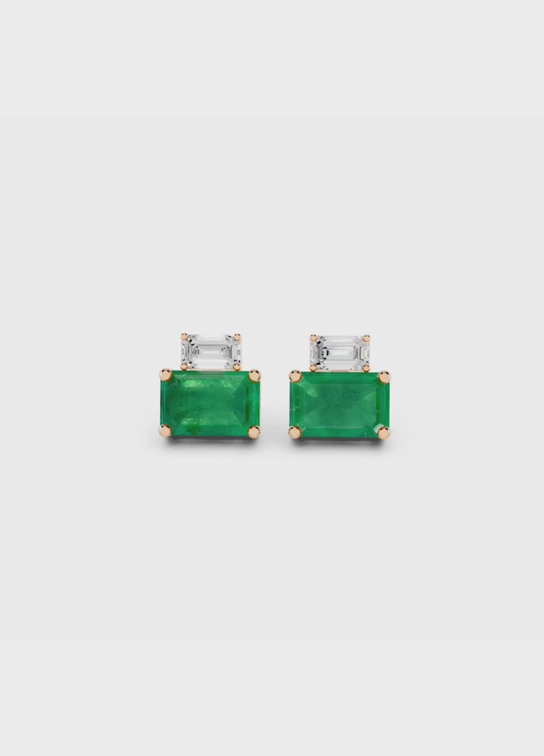 Emerald Cut Diamond and Emerald Stud Earrings