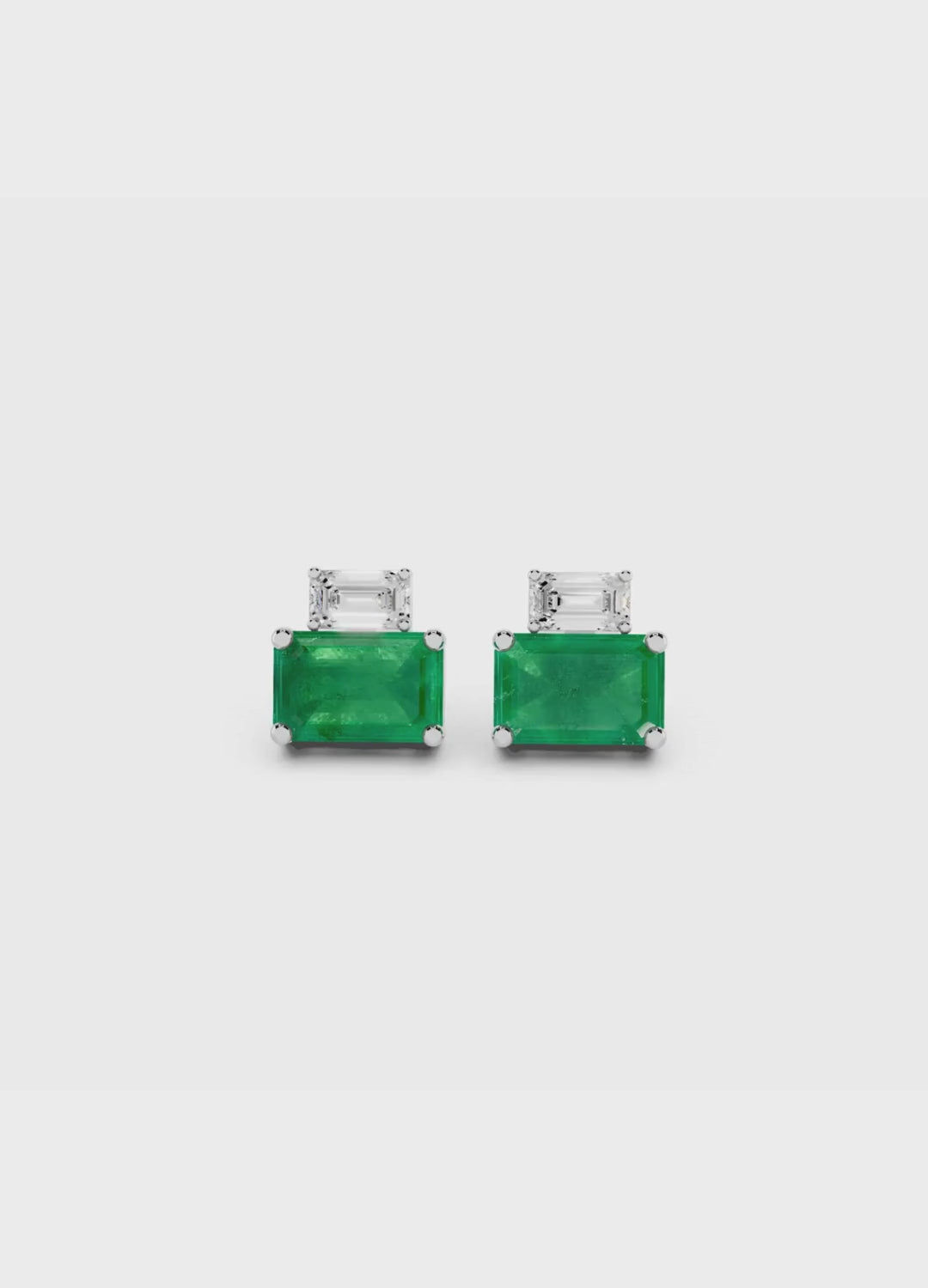 Emerald Cut Diamond and Emerald Stud Earrings